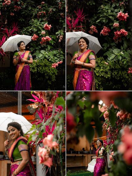 A collage of a bride enjoying a moment in the rain under an umbrella. Her laughter and the lush, flower-filled background create a joyful and romantic series of images.