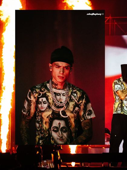 A creative composition showing Central Cee at Rolling Loud India, framed by pillars of fire. This shot demonstrates my ability to capture both the artist and the stage's pyrotechnics.