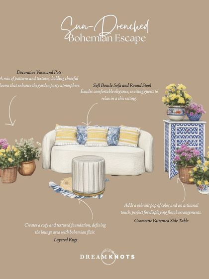 An infographic detailing the elements of our "Sun-Drenched Bohemian Escape" lounge area, including a soft boucle sofa, layered rugs, and decorative vases.