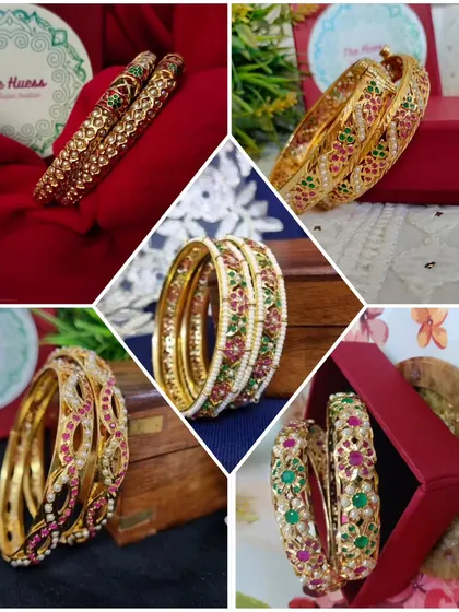 A glimpse into our collection of sleek, gold-plated Jadau bangles. From intricate floral patterns to bold gemstone work, I curate a variety of styles that can be stacked together or worn individually for a touch of everyday elegance.