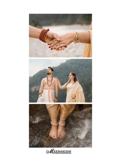A vertical collage focusing on intimate details of a spiritual pre-wedding shoot. It highlights the holding of hands, feet in the holy water of the Ganga, and a tender moment between the couple, emphasizing their connection.