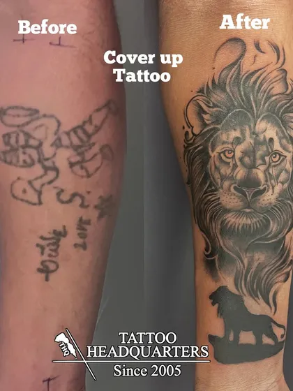 A powerful transformation. We specialize in cover-up tattoos, turning old ink you no longer connect with into a bold new piece, like this realistic lion design.