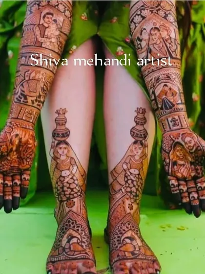 A full bridal set combining portraiture with traditional figures. The arms feature couple portraits and wedding scenes, while the feet are adorned with beautiful illustrations of women carrying pots.