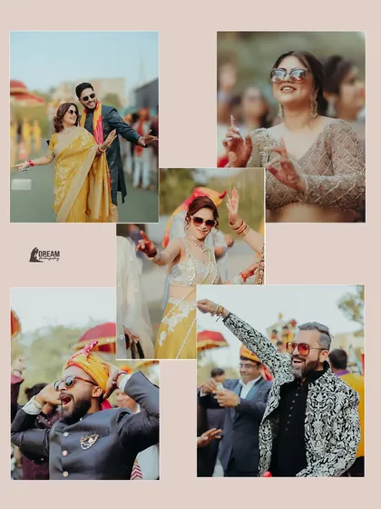 A collage of candid, fun moments from the baraat, with guests dancing and enjoying the celebration.