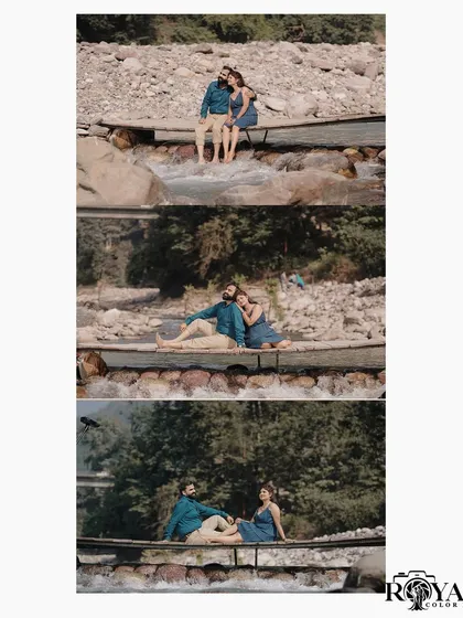 A vertical collage showing a couple's relaxed and happy moments on a wooden bridge over a flowing stream.
