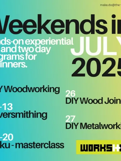 Check out our July weekend schedule. We offer a variety of hands-on programs for beginners, including DIY Metalworking, Woodworking, Silversmithing, and more.