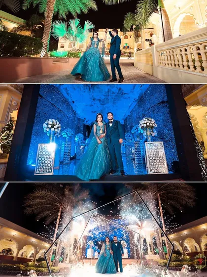 A collage capturing the vibrant, blue-themed decor and grand entrances at a destination engagement party.