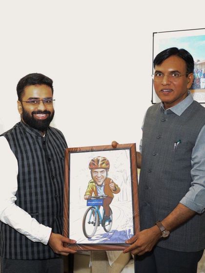 This personalized caricature of Union Minister Shri Mansukh Mandaviya Ji, showing him cycling, was commissioned as a special birthday gift.