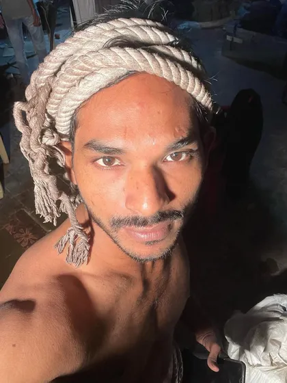A selfie in character during the same shoot. This rustic look was for a specific scene, showing my ability to transform for a role.