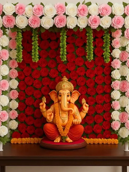We provide beautiful mandap decorations for Ganesh Chaturthi. This particular setup for a home puja uses a dense backdrop of red roses with a frame of pink and white roses, showing our capability with both fresh and high-quality artificial flowers.
