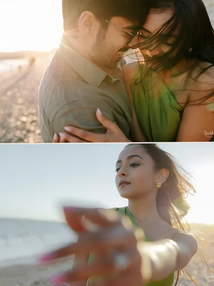 Golden hour on the French Riviera. This collage captures the warm, romantic light and the tender connection between the couple during their beach-side shoot.