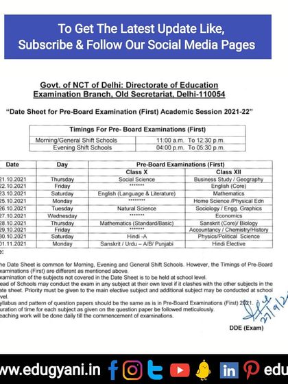 An important update regarding the Pre-Board examination date sheet for Class 10th and 12th students from the Directorate of Education, Delhi.