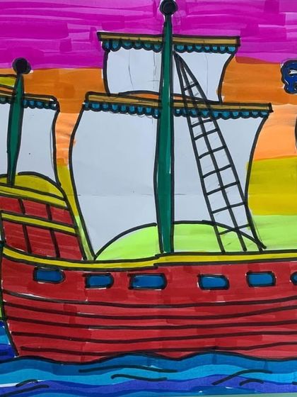 This detailed drawing of a pirate ship is a fantastic lesson in perspective, line work, and creating a sense of scale. The student did a beautiful job with the sunset background.