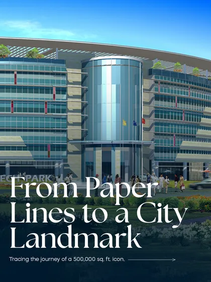 This image captures the essence of our Infotech Centre project in Gurgaon, a 500,000 sq. ft. landmark we designed. It represents our ability to take a project from the initial concept, or 'paper lines', to a fully realized city icon that stands the test of time.