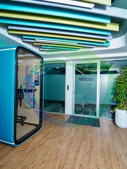In this office entryway, we used a Snake Plant in a textured blue pot and a large Ficus in a white planter to frame the space. These plants add a welcoming touch of green next to the modern phone booth and glass doors.