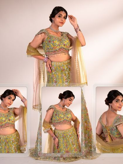 A collage showcasing the versatility of our green floral lehenga. See how it looks from different angles and how you can style it for your event.