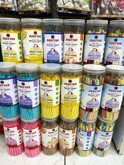 My exclusive Dogstar crispy sticks and biscuits are a huge hit. They come in five tasty flavors, including Chicken, Banana & Chicken, and Strawberry & Chicken.