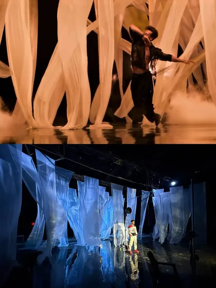 A before-and-after from the 'Bahli Sohni' music video. The bottom frame shows the simple setup of white fabric strips, which are transformed by our blue lighting and smoke effects in the final shot.