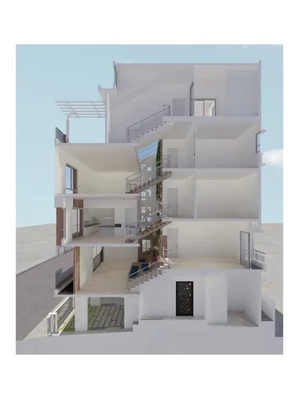 This 3D sectional model of the Tiwari Residence illustrates our capability in handling complex architectural projects. We designed this as a split-level house based on Vaastu principles, with a central courtyard that integrates various living spaces across different levels, ensuring both functionality and spiritual harmony.