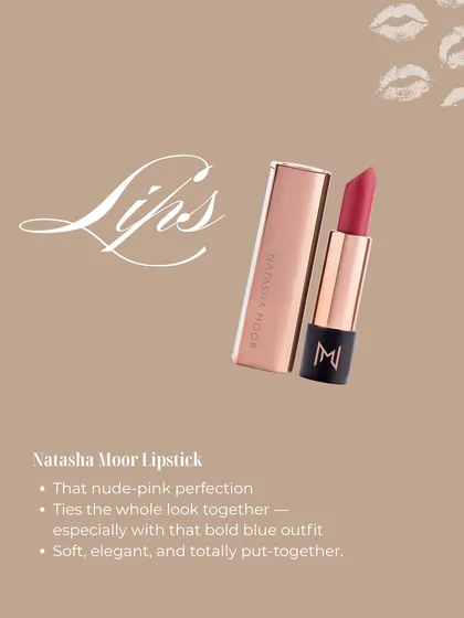 The perfect nude-pink lipstick ties the whole look together, especially with a bold outfit. This Natasha Moor lipstick is soft, elegant, and totally put-together.