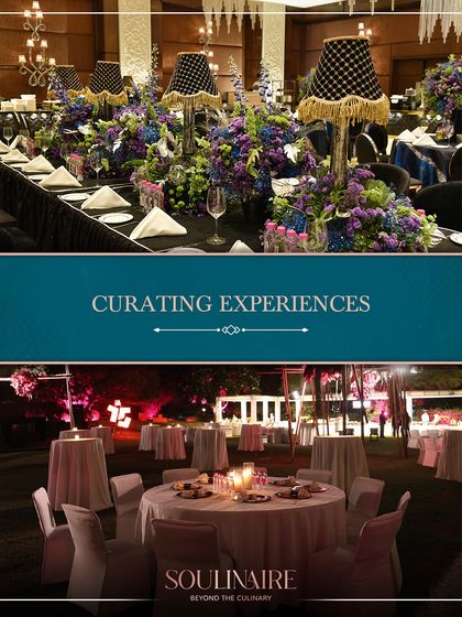 A collage about curating experiences, from tables with unique floral lamps to intimate outdoor setups. We blend imagination with tradition.