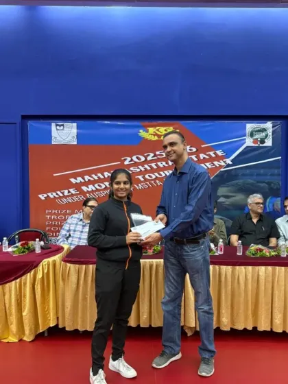 Sara Ramaiya receiving her prize for reaching the semi-finals in both U-15 and U-17 categories at the Maharashtra State Prize Money Tournament. Her consistent performance shows great promise for the future.