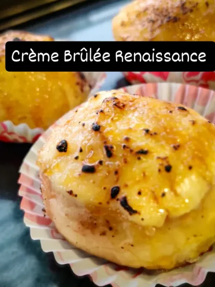 The Crème Brûlée Renaissance begins with this baked bombolini. It's filled with a rich vanilla custard and has a crunchy, torched sugar topping, just like the classic dessert.