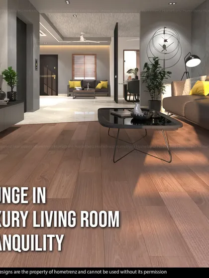 Lounge in luxury and tranquility. This living room design combines warm wood flooring with cool concrete-textured walls and pops of color in the cushions to create a balanced and serene environment.
