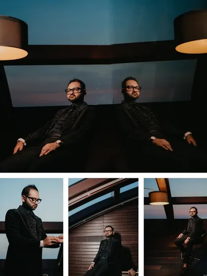 A creative groom's portrait using reflections. This collage showcases different angles and moods, creating a dynamic and artistic set of images.
