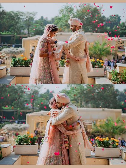 A collage showing the emotional arc of a moment, from the tying of the knot to a heartfelt hug, all under a shower of petals.