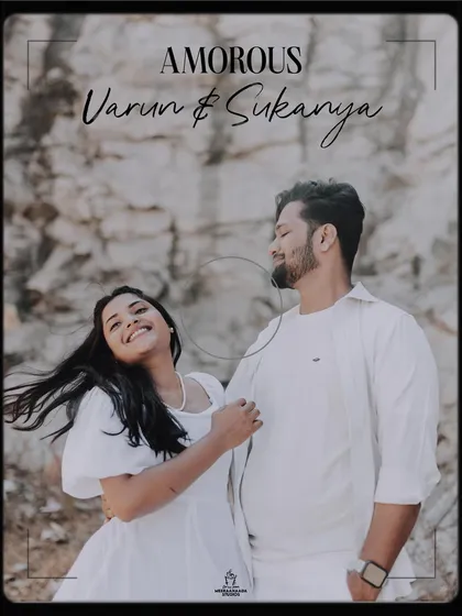 A stylish pre-wedding portrait with a film-style border, capturing a joyful moment between the couple.