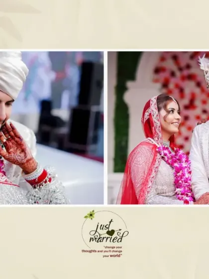A "Just Married" themed post-wedding shoot. This collage captures the joy and excitement of the couple as they begin their new life together, with bright, happy colors and fun poses.