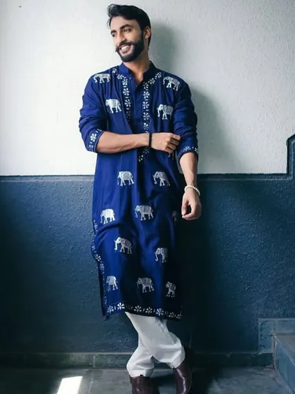 The full view of the elephant motif kurta, a playful yet stylish design.