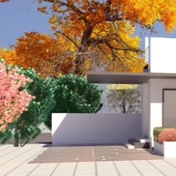 A close-up of a landscape design render, showcasing a wooden deck patio surrounded by vibrant, multi-seasonal foliage. We carefully select plant species and hardscape materials to create texture, color, and year-round visual interest.