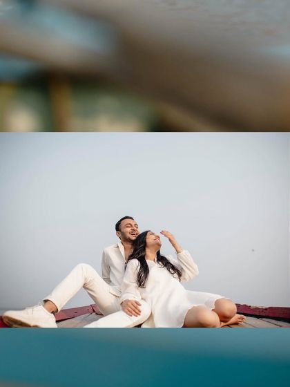 A collage of moments from their shoot by the lake, including a joyful, candid shot of them on a boat. The blue border ties the water theme together.