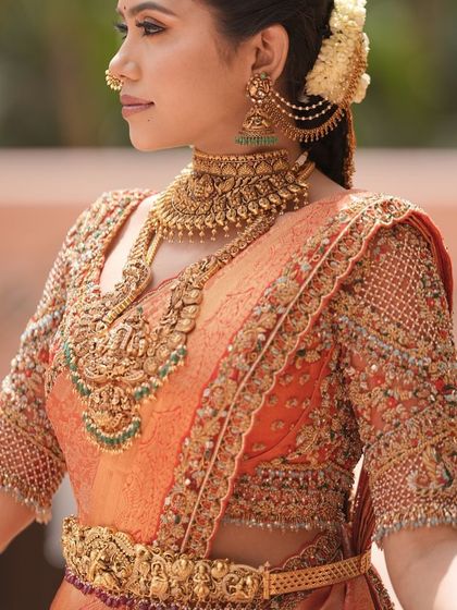 Additional views showcasing the variety and detail of my heirloom bridal sarees. Each image captures a different angle, moment, or detail, from full portraits to close ups of the fabric and embroidery, illustrating the complete story of each bride's custom creation.