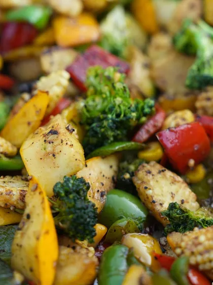 A collage of our colorful stir fried vegetables, highlighting the fresh and vibrant ingredients we use.