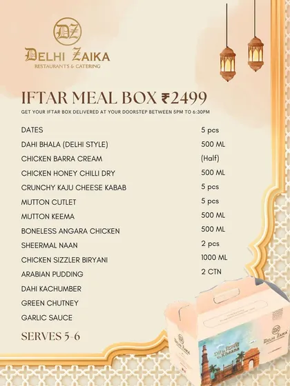 The menu for our Iftar Meal Box, serving 5-6 people with a variety of dishes.