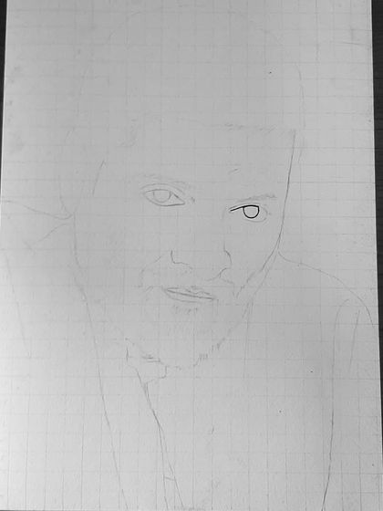 The 90-hour process of creating the Guddu Pandit portrait. These images show the careful layering of charcoal and graphite to achieve the intense, gritty look.