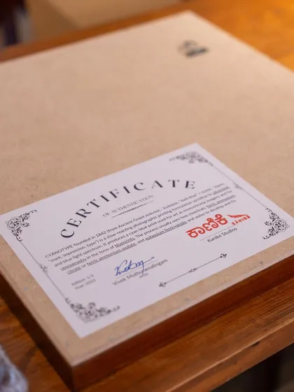 A detail shot of the certificate of authenticity on the back of a framed piece, signed by the artist.