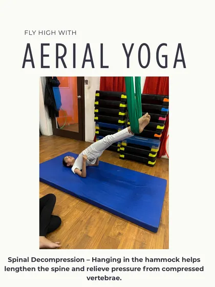 One of the key benefits of aerial yoga is spinal decompression. Hanging in the hammock helps lengthen the spine and relieve pressure from compressed vertebrae.
