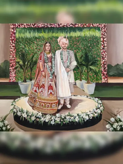 The final version of a live wedding painting from a Delhi wedding. I focused on the couple's pose on the rotating stage, surrounded by a circle of flowers.