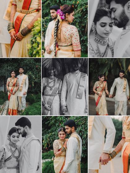 A collection of moments from a traditional South Indian shoot. This collage highlights the variety of shots I capture, from close-ups of details to candid interactions and classic poses.