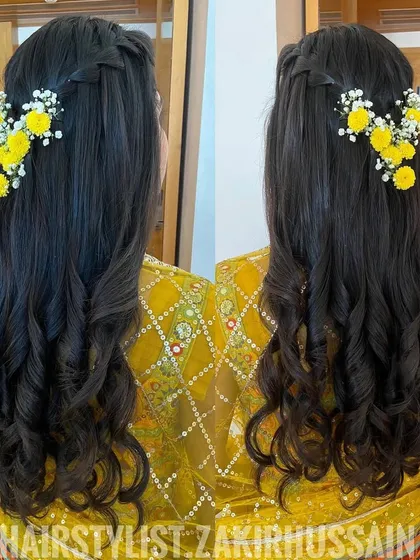 A dual-angle view of the Haldi hairstyle with yellow flowers, showing its fresh and vibrant appeal.