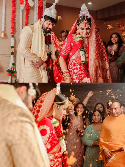 The joy of the post-ceremony celebration, with guests showering the happy couple with flower petals. These candid shots are full of life and energy.