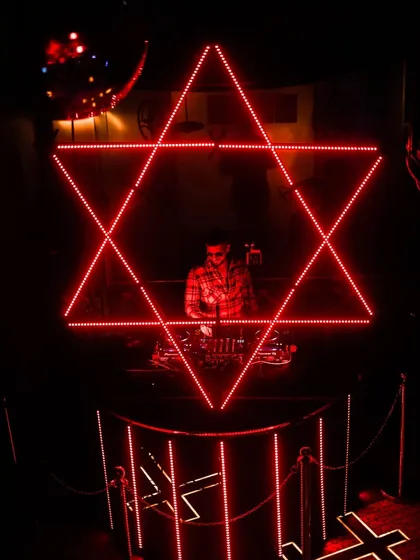 Framed by a star of David light installation, a unique visual from one of my gigs.