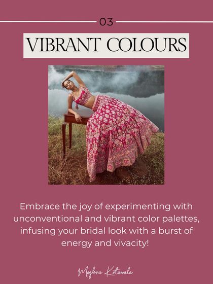 Don't be afraid of vibrant colors. Experimenting with unconventional and bright color palettes can infuse your bridal look with a burst of energy and vivacity that is uniquely you.
