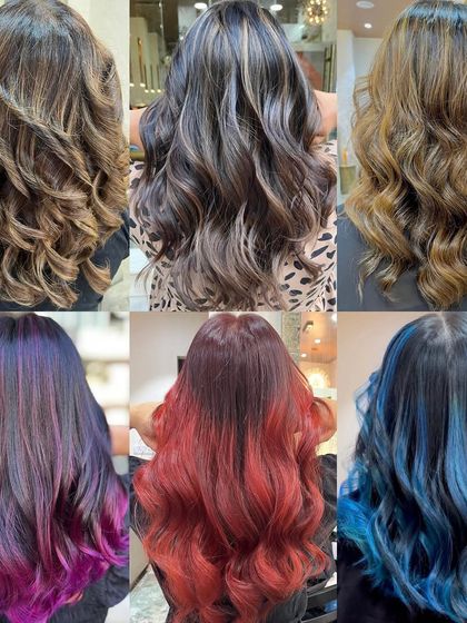 A collage showcasing the variety of hair colors I offer. From natural caramel balayage to bold purples, reds, and blues, I can help you find your perfect hair match and express your unique style.