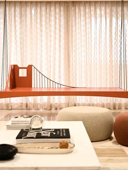 This custom swing is a piece of storytelling. Designed for clients who once lived in San Francisco, it captures the iconic silhouette of the Golden Gate Bridge, turning a personal memory into a functional and playful piece of furniture.