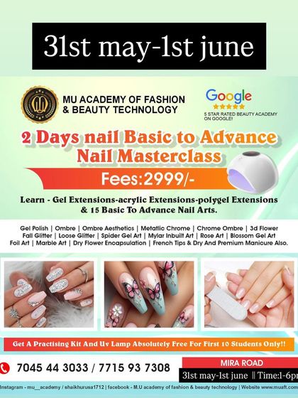 This flyer details my 2-day Basic to Advance Nail Masterclass. It clearly lists the techniques covered, including gel, acrylic, and polygel extensions, plus 15 art styles like ombre, 3D flowers, and chrome. The offer includes a free practicing kit and UV lamp.